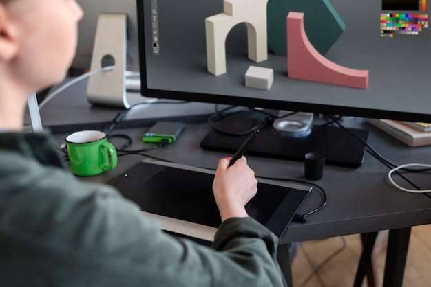 A futuristic-looking workstation features a designer working on a holographic display, manipulating a 3D model of a complex garment. The surrounding environment is sleek and minimal, filled with advanced technological equipment. The focus is on the intersection of technology and fashion design.