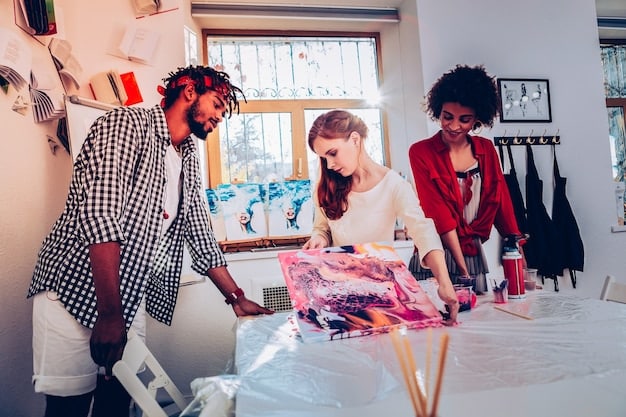 A brightly lit workshop with diverse designers collaboratively working on various fashion projects. Some are sketching designs, others are cutting fabric, and one is using a digital design tool on a tablet. The setting shows equipment, materials, and a mood board, illustrating creativity and teamwork in fashion design.