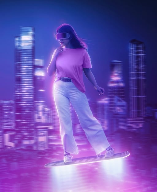 A digital rendering of a person wearing a futuristic, glowing outfit in a virtual cityscape. The outfit is highly detailed and features intricate patterns and textures, highlighting the possibilities of digital fashion.