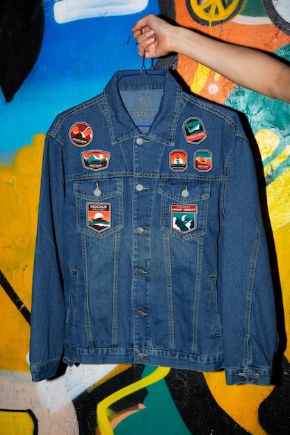 A close-up shot of a person wearing a customized denim jacket with hand-painted designs and patches, highlighting the DIY aspect of underground fashion.