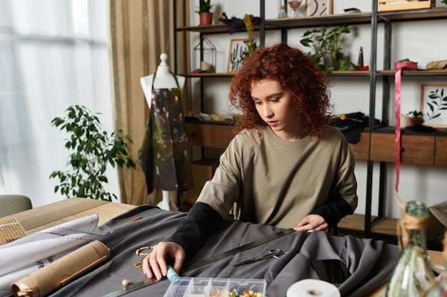 A fashion designer working in a studio, using a sewing machine to alter a vintage jacket. The studio is filled with recycled fabrics, upcycled clothing, and sustainable design tools.