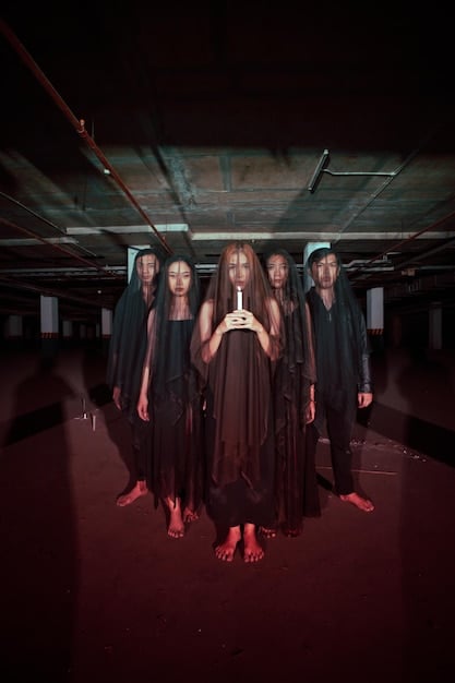 A group of cosplayers are posing at an underground convention. Their costumes are incredibly detailed and elaborate, blurring the lines between fashion, art, and performance.