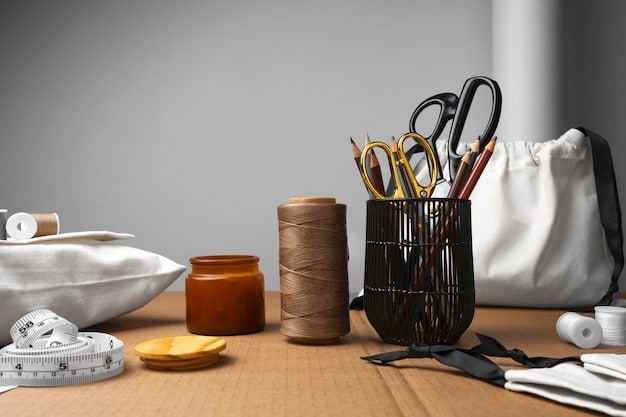 A minimalist workbench with various tools for fabric manipulation like scissors, threads, and a sewing machine, indicating the creative process of DIY fashion at home. Natural light illuminates the space.