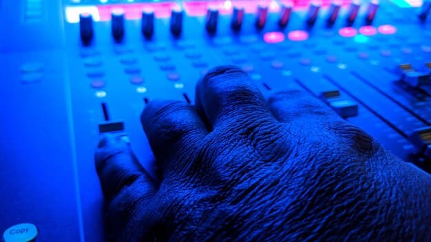 A detailed shot of an analog synthesiser with illuminated pads and knobs, with a musician's hands gently adjusting controls, suggesting a creative and experimental atmosphere in a studio.