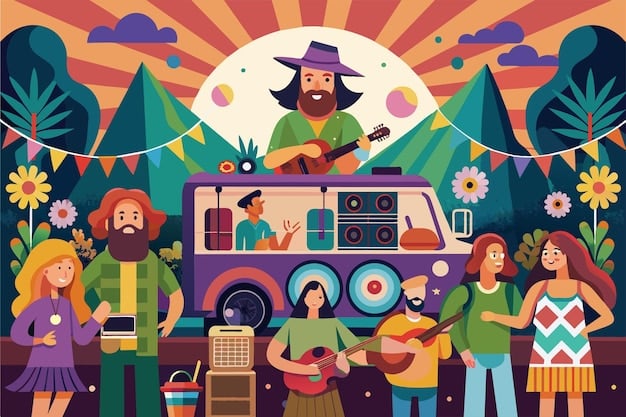 A detailed hand-drawn illustration of a vibrant music festival, with various small stages, food trucks, and happy people enjoying the music in a lively, artistic style.