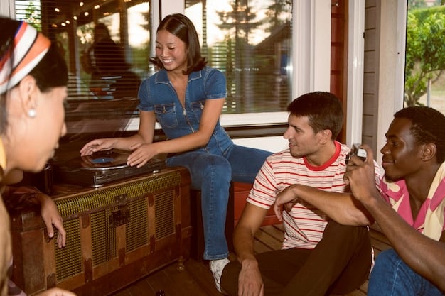 A diverse group of young adults gathered intently around a vinyl record player in a cozy, cluttered room, symbolizing the intimate and authentic connection to music in the underground scene.