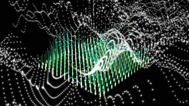 A stylized representation of a musical waveform intertwined with blockchain blocks, flowing from a recording studio setup towards a global network, symbolizing the digital lifecycle and distribution of music.