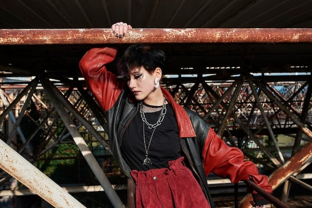 A young American individual styled in a blend of traditional goth and modern Korean streetwear, featuring a black lace top, oversized cargo pants, and platform sneakers, standing in an urban alleyway at dusk.