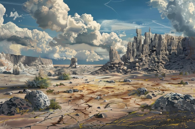 A digitally painted landscape of a desolate, rocky planet with a massive, ancient, and foreboding structure in the distance, bathed in deep blues and purples under a stormy, alien sky, with a small, glowing character silhouette.