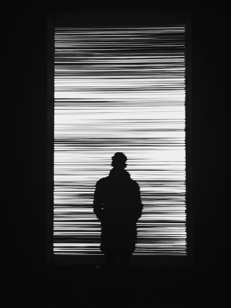 A shadowy figure silhouetted against a digital screen displaying fragmented, glitching information and warning symbols, representing the ethical dilemmas of digital expression and data privacy.