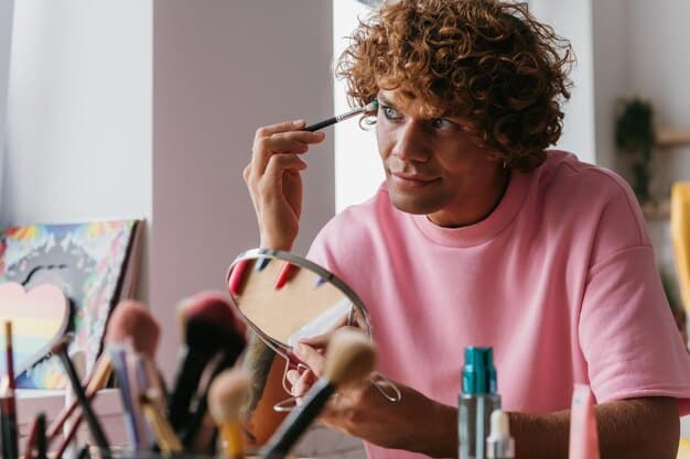 A close-up of a person's hands delicately applying gender-neutral makeup, with a diverse range of cosmetic products visible on a vanity, emphasizing self-expression and artistic freedom.
