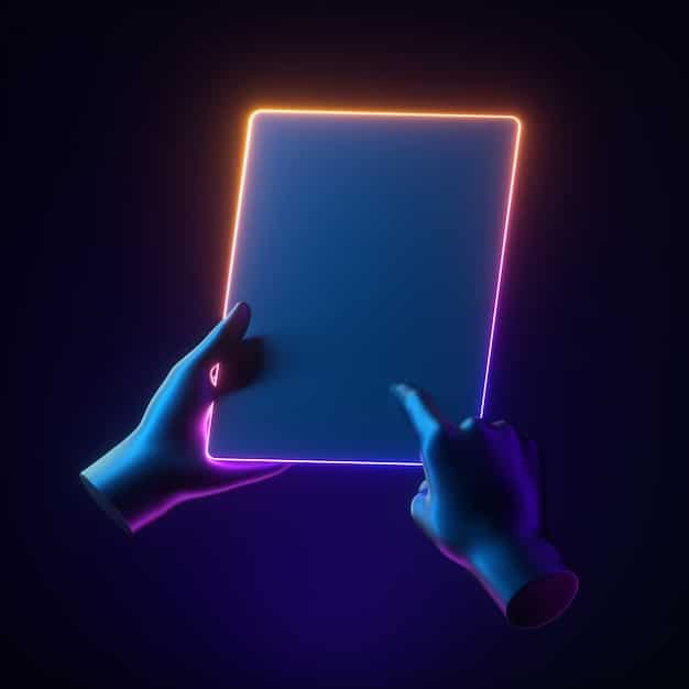 A digital artist's hands meticulously working on a glowing tablet, surrounded by floating icons representing digital files, copyright symbols, and social media logos, conveying the complexity of protecting digital art.