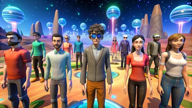 A diverse group of metaverse avatars, representing fans from different parts of the world, interacting and celebrating in a vibrant virtual concert setting. Some avatars are dancing while others are chatting, with the virtual stage visible in the background.