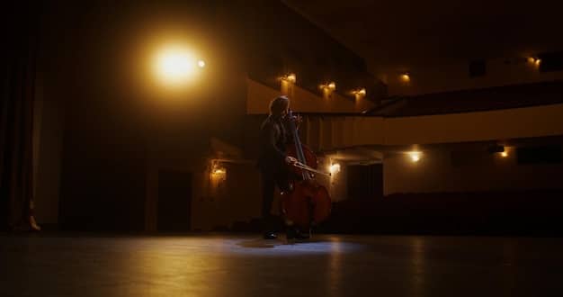 An artist on stage, bathed in warm spotlights, performing passionately to a captivated audience in a dimly lit, intimate music venue.