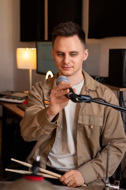 A musician engaged in a radio interview, speaking confidently into a microphone with professional studio equipment in the background. Focused and articulate.