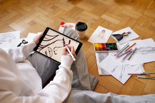 A digital concept sketch showing a musician sketching album art ideas on a tablet, with various design elements like colors, fonts, and abstract shapes floating around, indicating the iterative design process.
