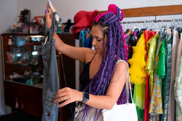 A rack of diverse, colorful second-hand clothes in a bustling thrift store, with a hand reaching for a unique, patterned garment, emphasizing the treasure hunt aspect of finding materials.