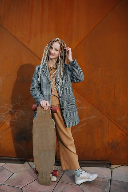 A stylish person wearing an entirely upcycled outfit, posing confidently in an urban setting, showcasing the fusion of cutting-edge fashion and sustainable practices, with visual textures that hint at repurposed materials.