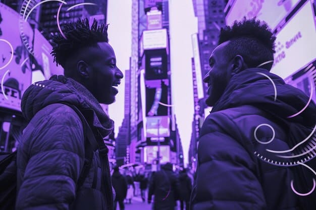 A diverse group of Gen Z individuals interacting in a futuristic, neon-lit urban environment, each wearing an eclectic mix of digitally influenced fashion: augmented reality overlays, upcycled garments, oversized tech-wear, gender-fluid silhouettes, and elements of retro-futurism.