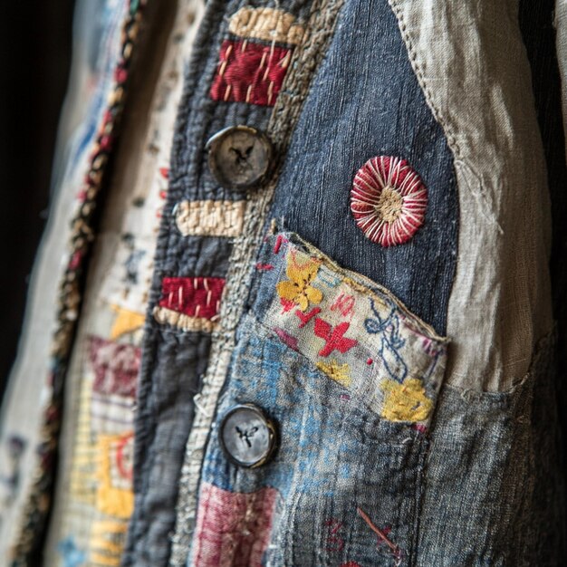 A close-up of a sustainably made, upcycled denim jacket from Reclaimed Threads, featuring unique patchwork and hand-dyed elements, displayed against an urban brick wall.