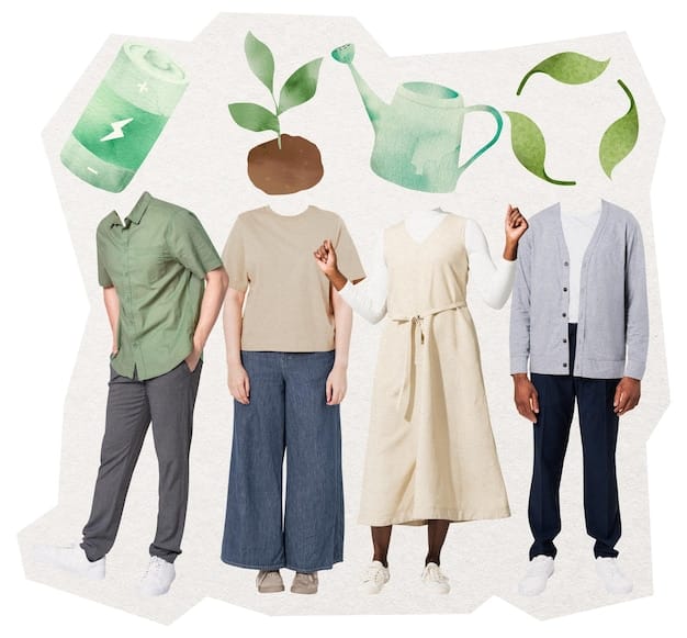 A collage image showing diverse individuals wearing sustainable alternative fashion, with visual elements representing each of the five brands discussed – patchwork, dark aesthetics, streetwear elements, bohemian patterns, and futuristic digital prints.