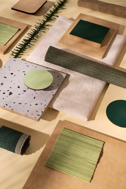 A detailed flat lay of sustainable fabric swatches and unconventional textile samples, conceptualizing the future of ethical fashion materials at an innovation-focused trade show booth.