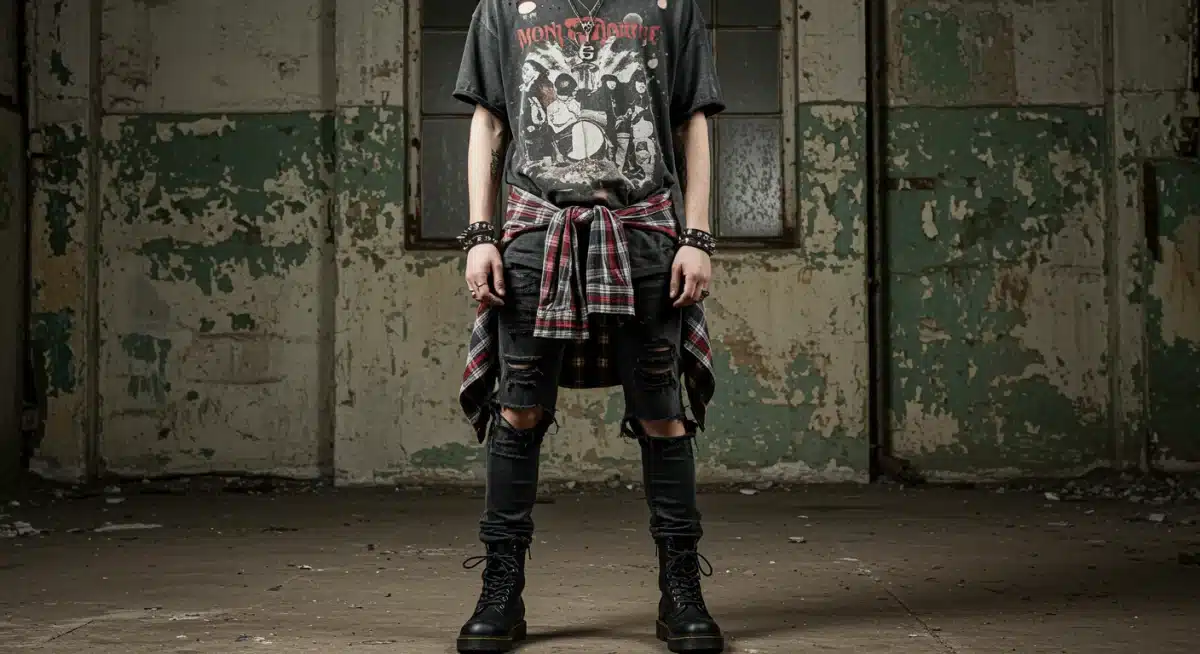 Individual in Neo-Grunge style: distressed band tee, ripped jeans, flannel, combat boots, industrial backdrop.