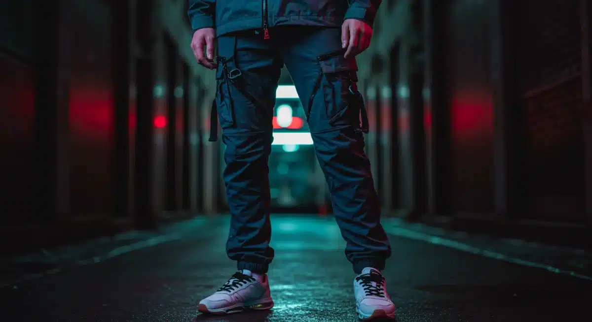 Person in advanced techwear, cargo pants, waterproof jacket, high-tech sneakers in urban alley.