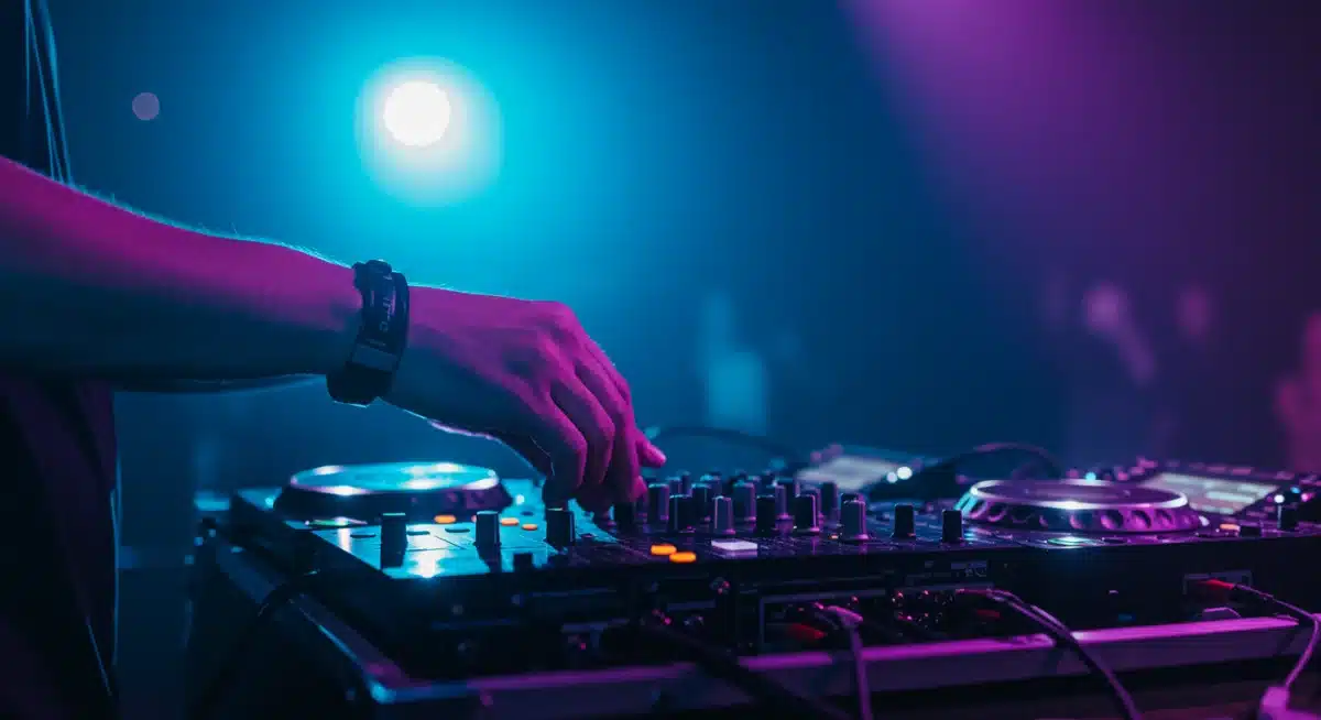 DJ's hands on mixing board under blue and purple stage lights, crafting new beats.