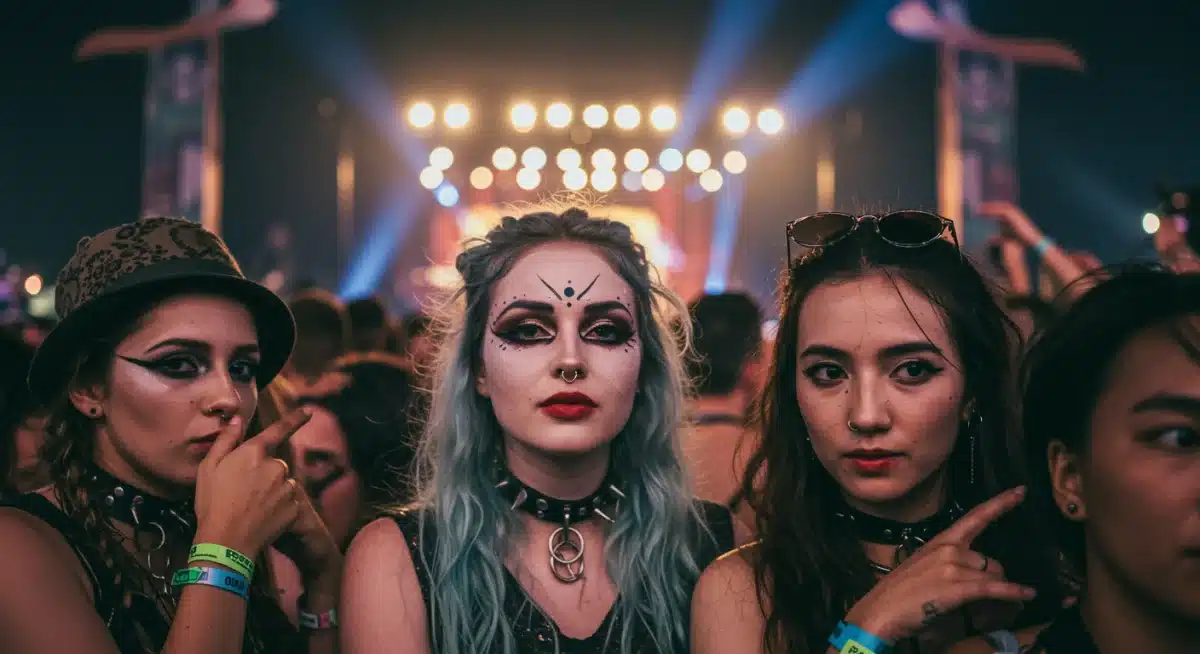 Festival-goers displaying avant-garde fashion at an alternative music event.