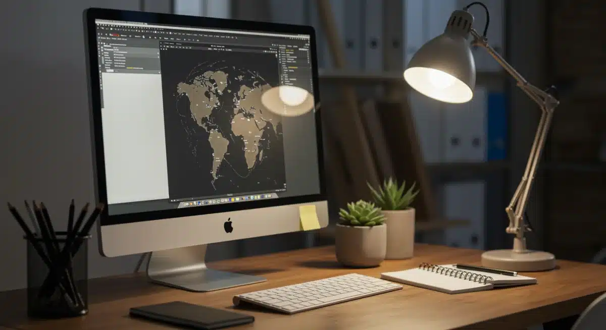 Organized desk in urban creative workspace