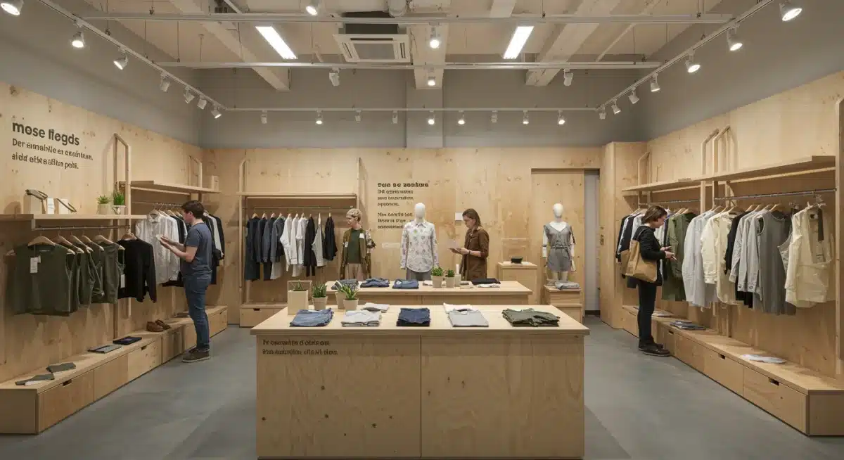 Minimalist storefront showcasing sustainable alternative apparel, with shoppers examining eco-friendly garments.