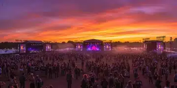 Vibrant music and fashion festival crowd at sunset, showcasing alternative trends.