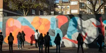 Vibrant mural showcasing innovative urban art in a bustling city.