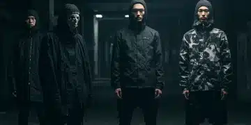 Avant-garde streetwear models in dark urban scene showcasing futuristic designs