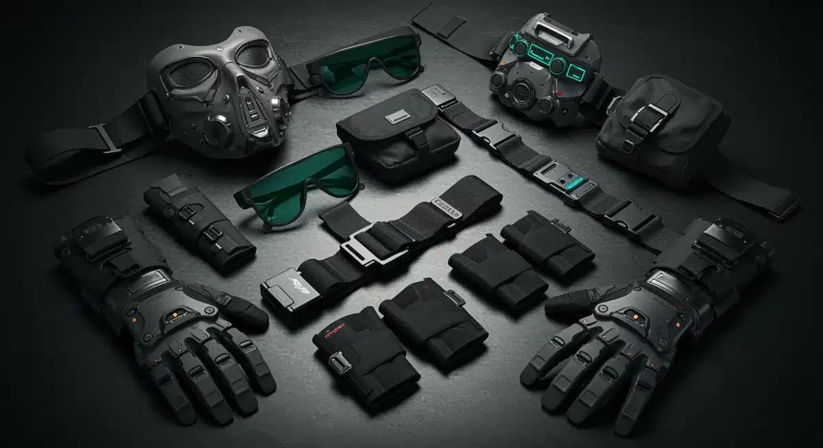 Assortment of cyberpunk accessories: masks, utility belts, gloves, and eyewear