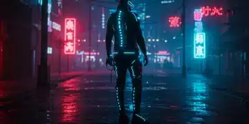 Model in intricate cyberpunk apparel against neon cityscape backdrop
