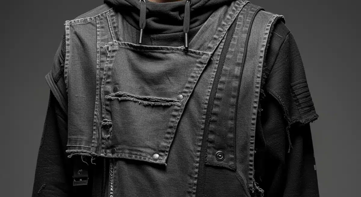 Deconstructed avant-garde streetwear garment with intricate textures