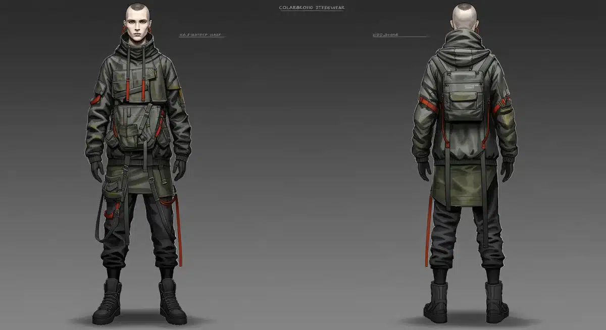 Conceptual sketch of dystopian avant-garde streetwear collaboration