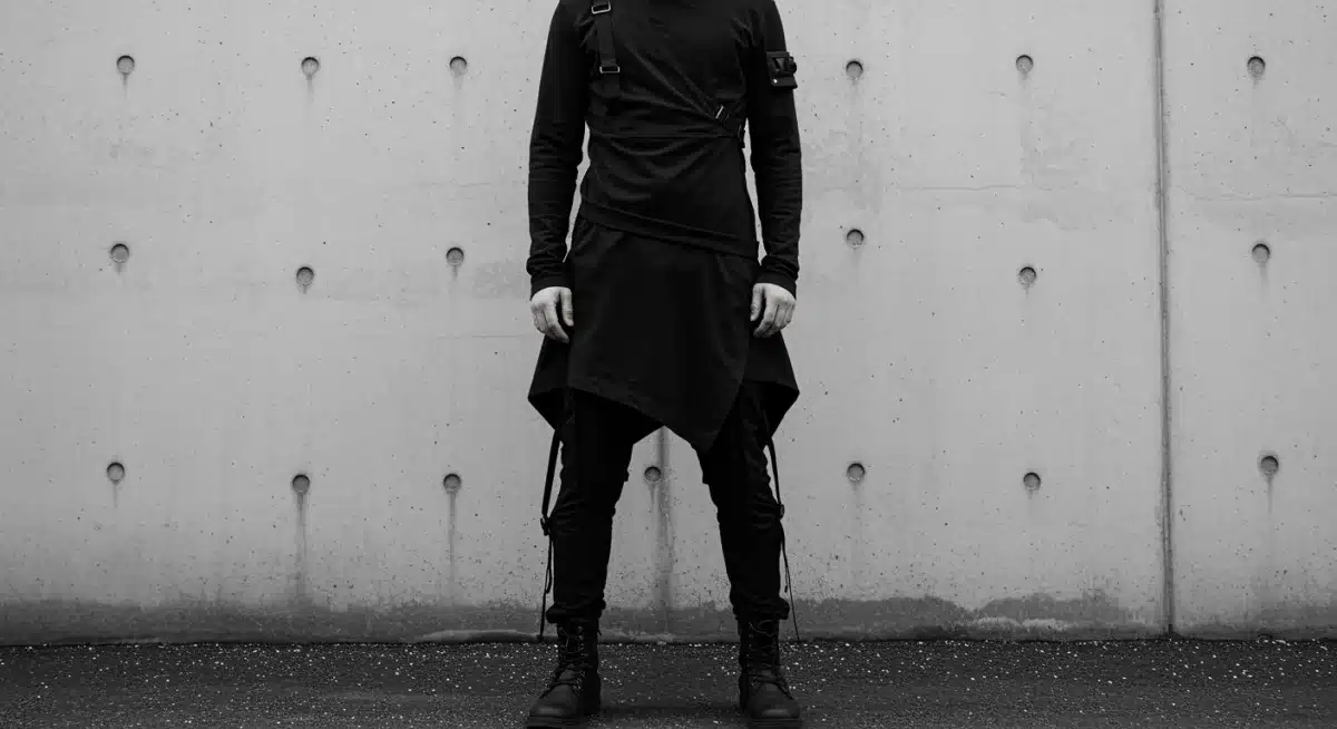 Minimalist utilitarian goth outfit with asymmetrical cuts and technical fabrics against a concrete backdrop