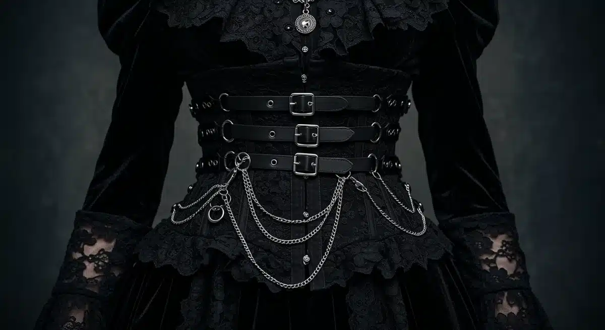 Neo-Victorian goth ensemble with modern hardware, showcasing intricate details and dark elegance