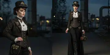 Model in intricate steampunk fashion, blending Victorian elegance with industrial elements.