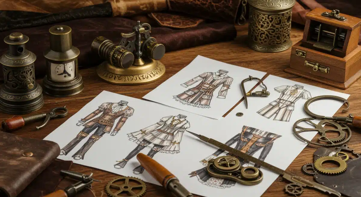 Designer's desk with steampunk sketches, fabrics, and gears for Neo-Victorian fashion.
