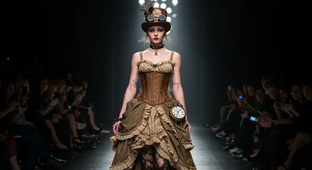 Runway model in innovative steampunk gown with corsetry and clockwork accessories.