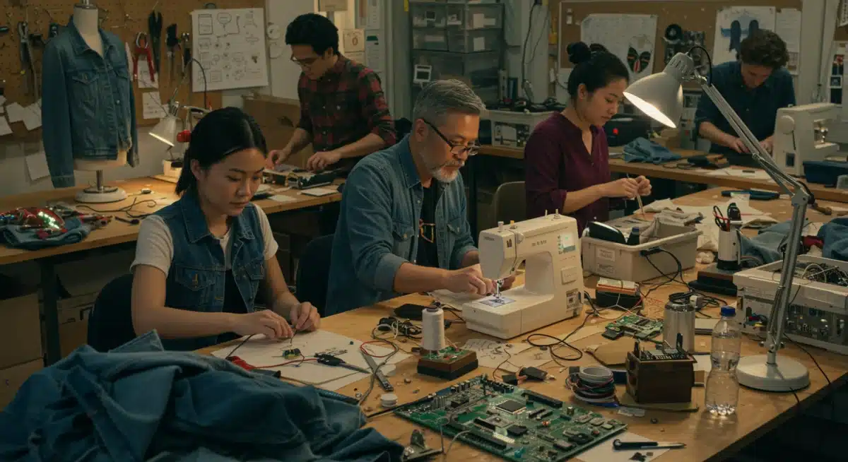 Designers creating upcycled techwear in a workshop