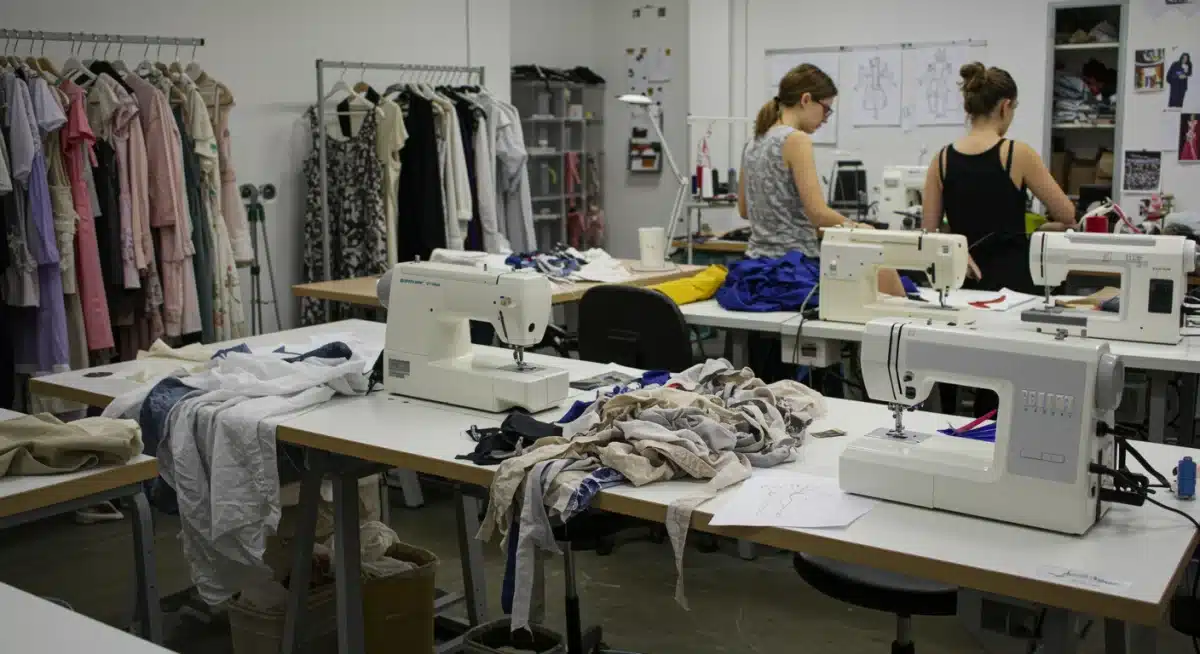 Designers upcycling discarded textiles into new fashion garments in a creative workshop setting.