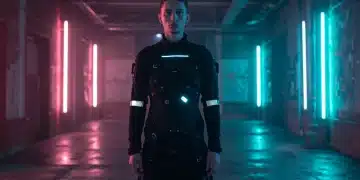 Futuristic model in upcycled techwear urban setting