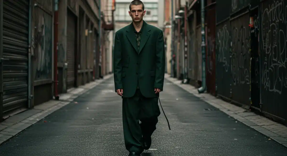 Model in oversized blazer and utilitarian boots, representing Urban Scholar Reimagined trend.
