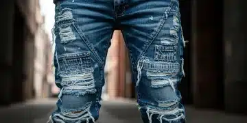 Deconstructed denim jeans with intricate patchwork and raw edges, embodying underground fashion trends for 2026.