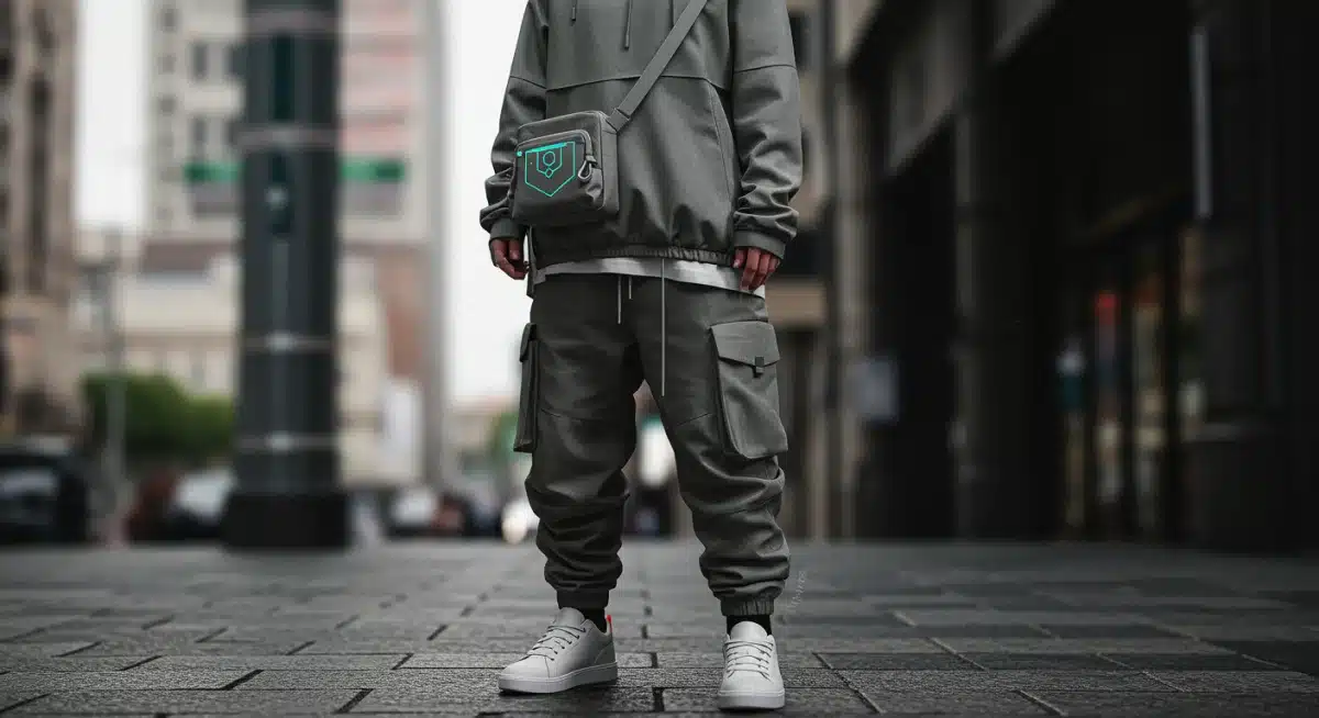 Digital nomad chic outfit illustration, merging techwear and minimalist fashion for 2026